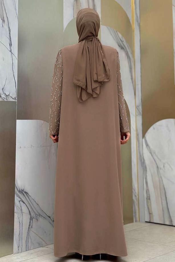 Tesettür giyim VİZON YELEKLİ ELBİSELİ ABİYE TAKIM T 9293 - TRENDTESETTÜR