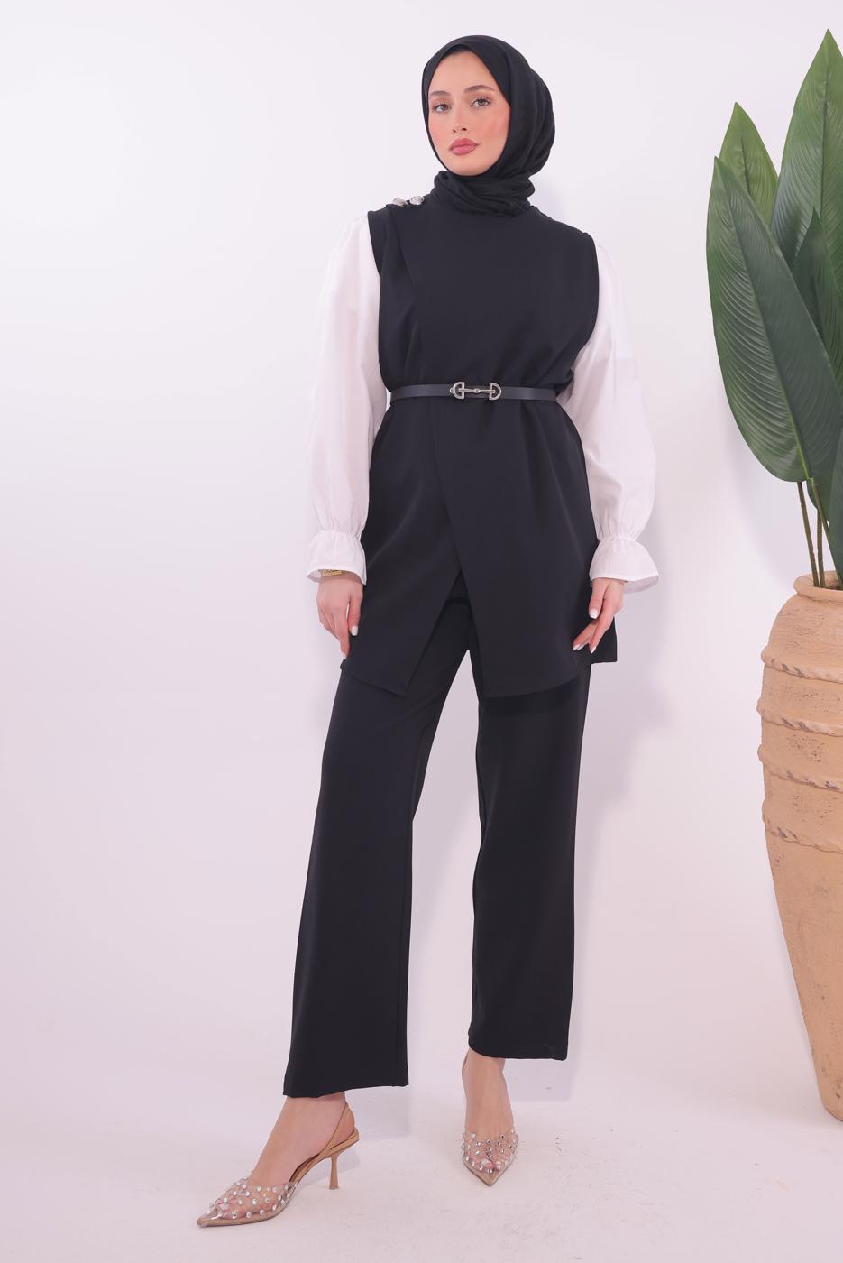 Hijab clothing BLACK BELTED PANTS SUIT T 0184