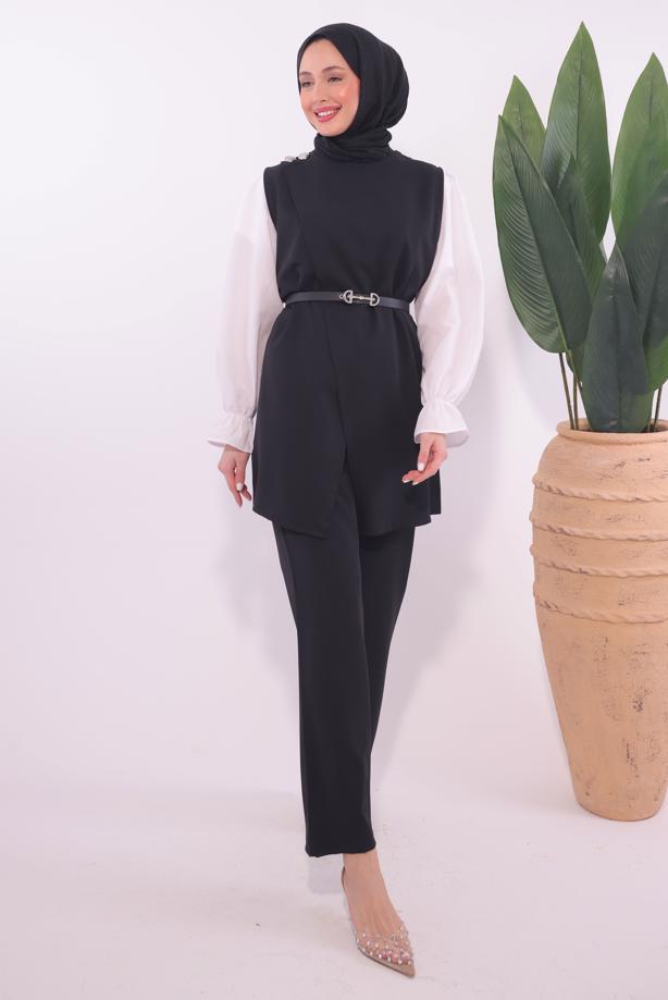 Hijab clothing BLACK BELTED PANTS SUIT T 0184 - TRENDTESETTÜR