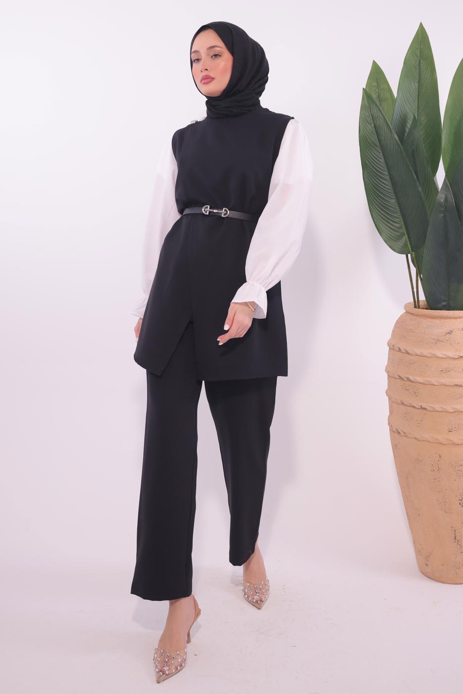 Hijab clothing BLACK BELTED PANTS SUIT T 0184