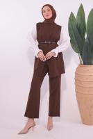 Tesettür giyim KAHVE KEMERLİ PANTOLONLU TAKIM T 0184