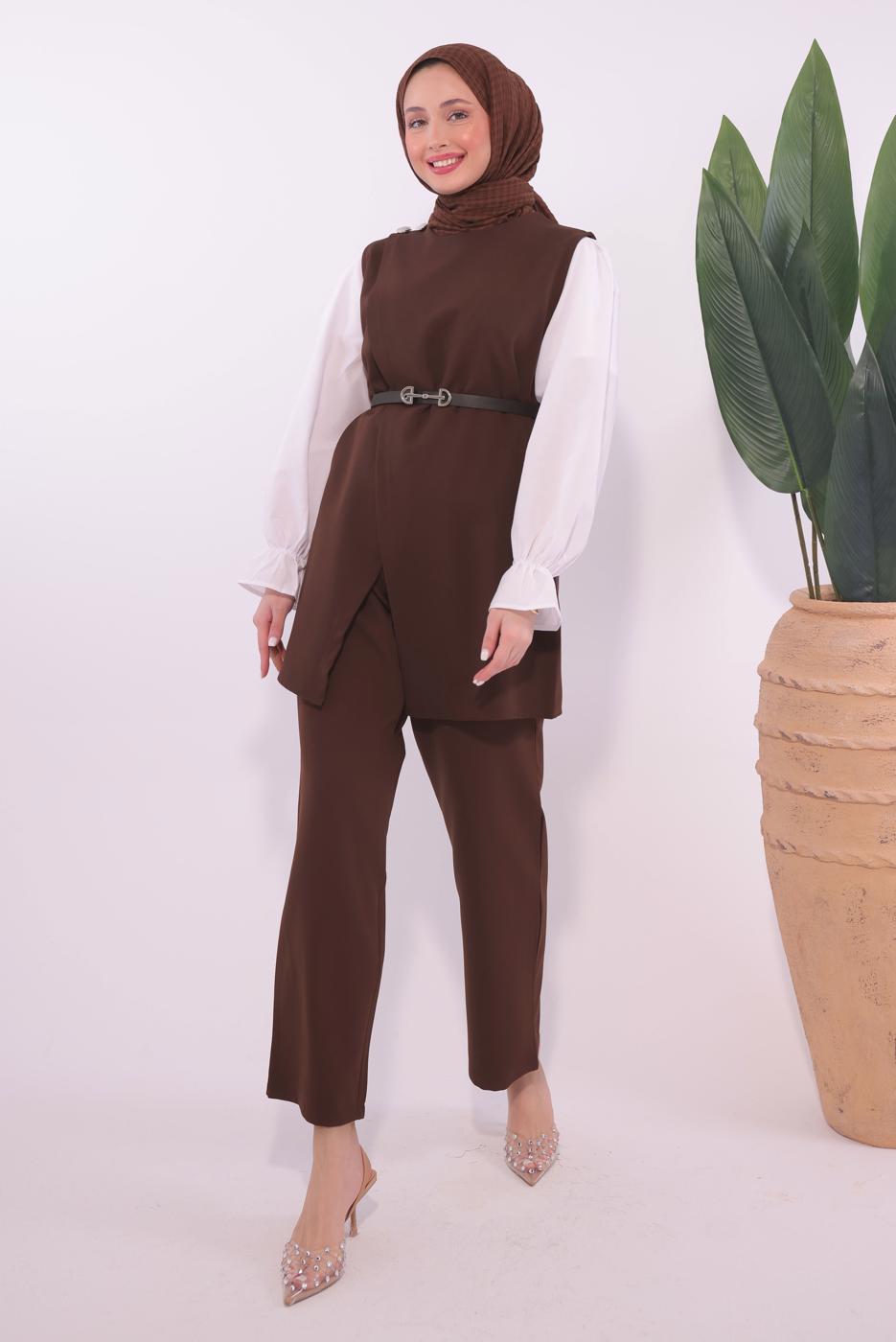 Tesettür giyim KAHVE KEMERLİ PANTOLONLU TAKIM T 0184