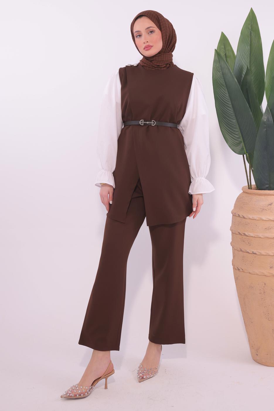 Tesettür giyim KAHVE KEMERLİ PANTOLONLU TAKIM T 0184