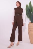 Tesettür giyim KAHVE KEMERLİ PANTOLONLU TAKIM T 0184