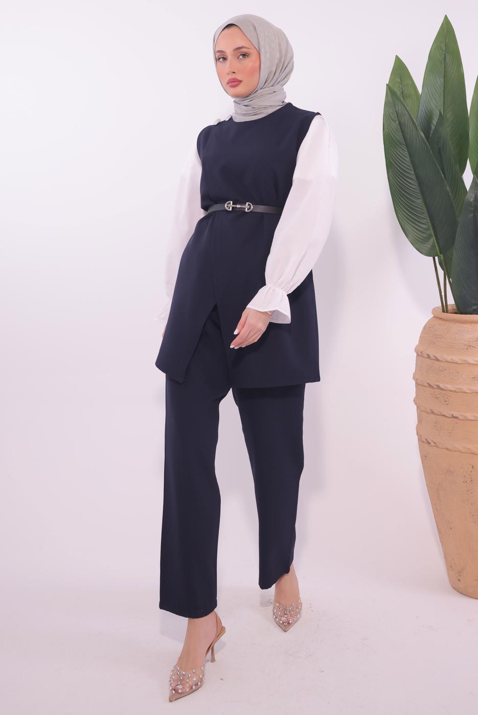 Tesettür giyim LACİVERT KEMERLİ PANTOLONLU TAKIM T 0184