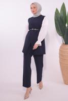 Tesettür giyim LACİVERT KEMERLİ PANTOLONLU TAKIM T 0184