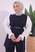 Tesettür giyim LACİVERT KEMERLİ PANTOLONLU TAKIM T 0184