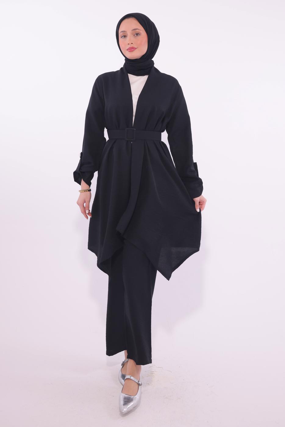 Tesettür giyim SİYAH KEMERLİ PANTOLONLU TAKIM T 0274