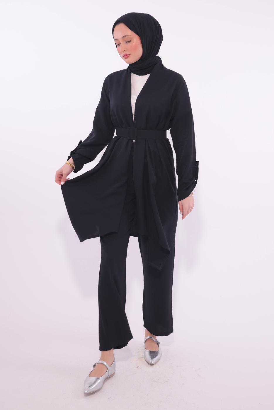 Tesettür giyim SİYAH KEMERLİ PANTOLONLU TAKIM T 0274