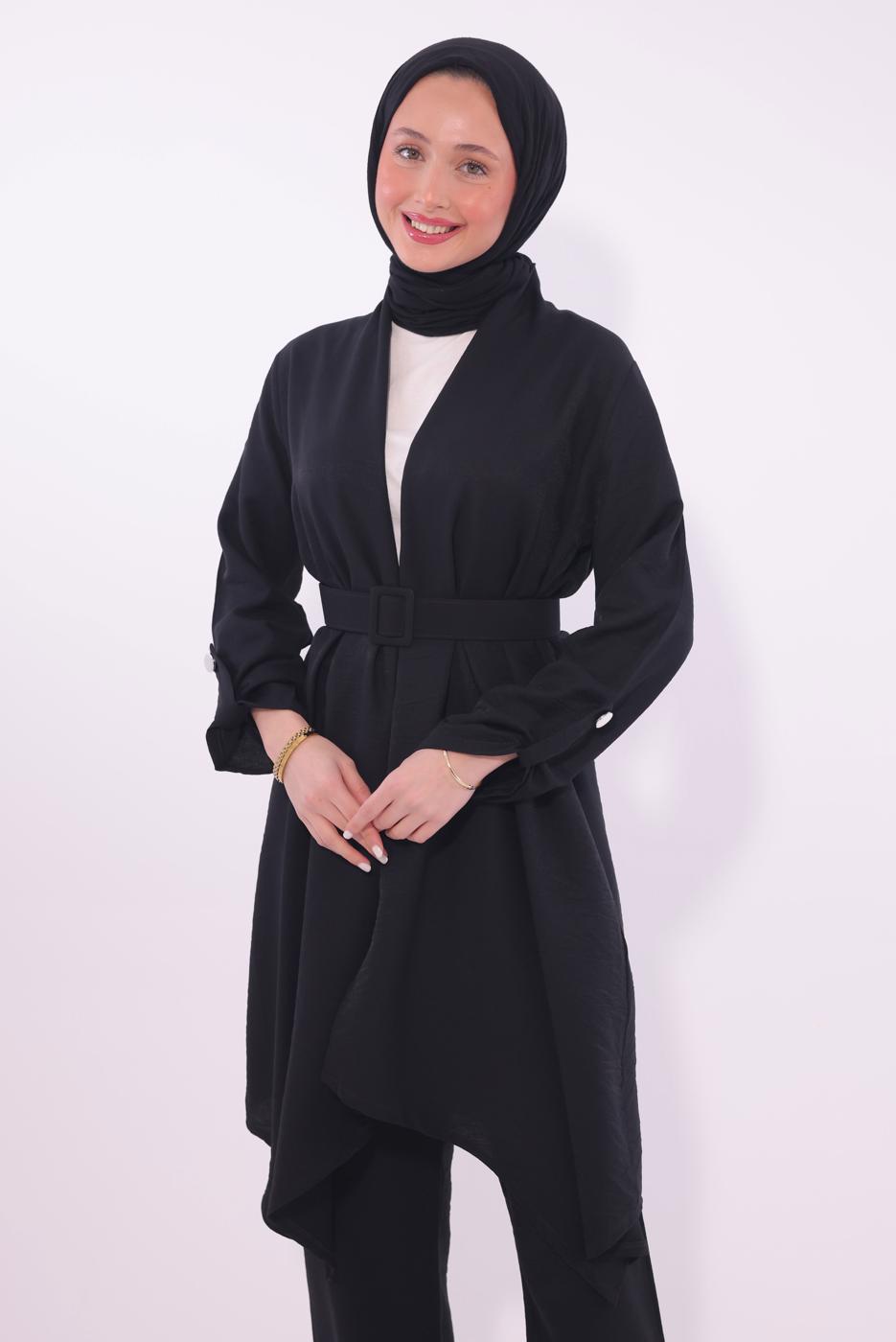 Tesettür giyim SİYAH KEMERLİ PANTOLONLU TAKIM T 0274