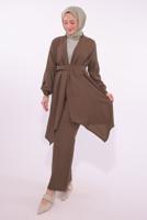 Tesettür giyim KAHVE KEMERLİ PANTOLONLU TAKIM T 0274