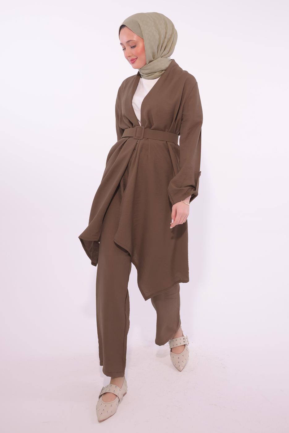 Tesettür giyim KAHVE KEMERLİ PANTOLONLU TAKIM T 0274