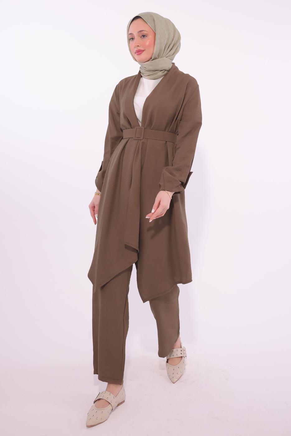 Tesettür giyim KAHVE KEMERLİ PANTOLONLU TAKIM T 0274