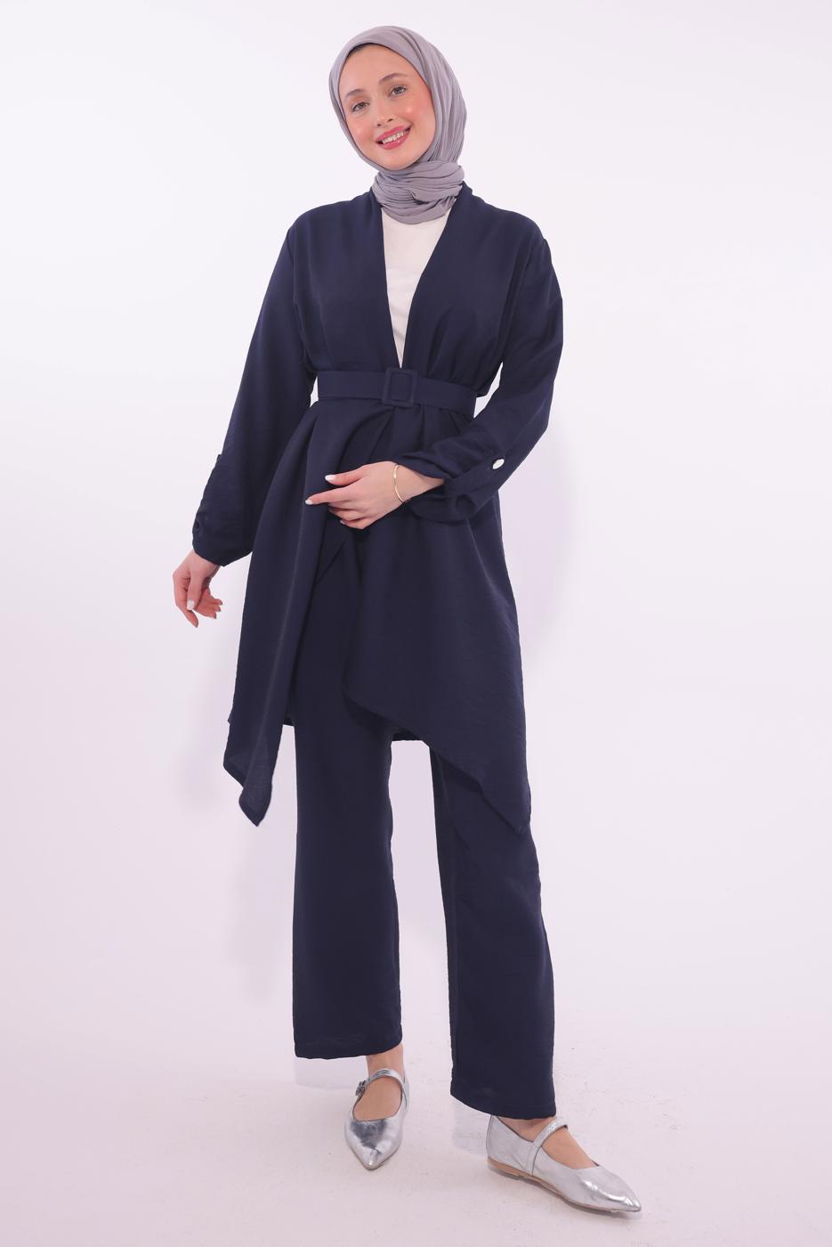 Tesettür giyim LACİVERT KEMERLİ PANTOLONLU TAKIM T 0274