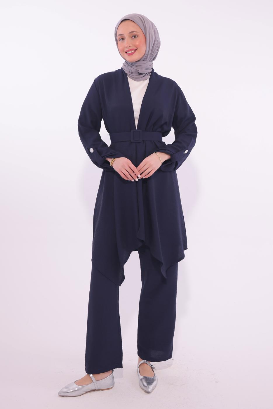 Tesettür giyim LACİVERT KEMERLİ PANTOLONLU TAKIM T 0274