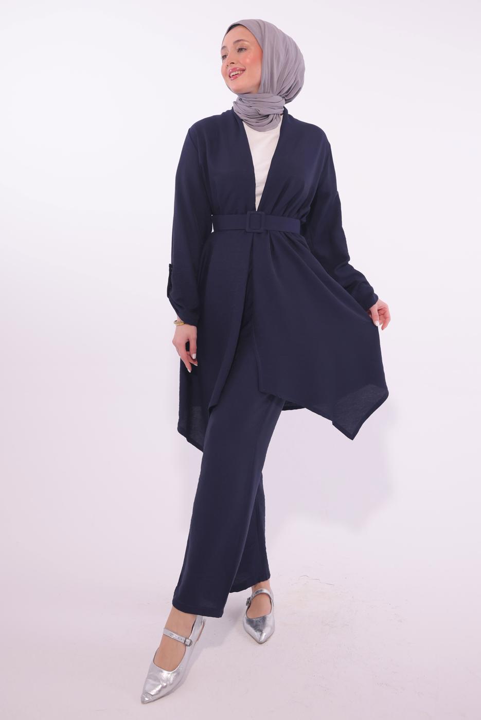 Tesettür giyim LACİVERT KEMERLİ PANTOLONLU TAKIM T 0274