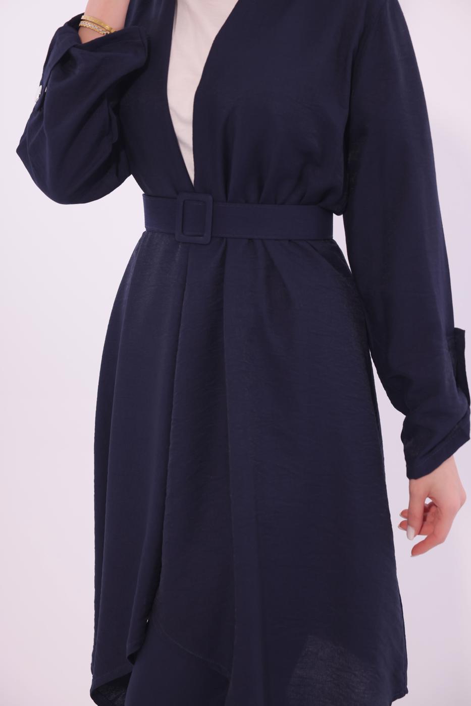 Tesettür giyim LACİVERT KEMERLİ PANTOLONLU TAKIM T 0274
