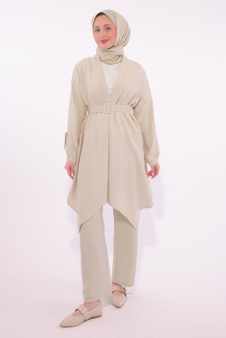 Tesettür giyim BEJ KEMERLİ PANTOLONLU TAKIM T 0274