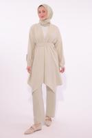 Tesettür giyim BEJ KEMERLİ PANTOLONLU TAKIM T 0274