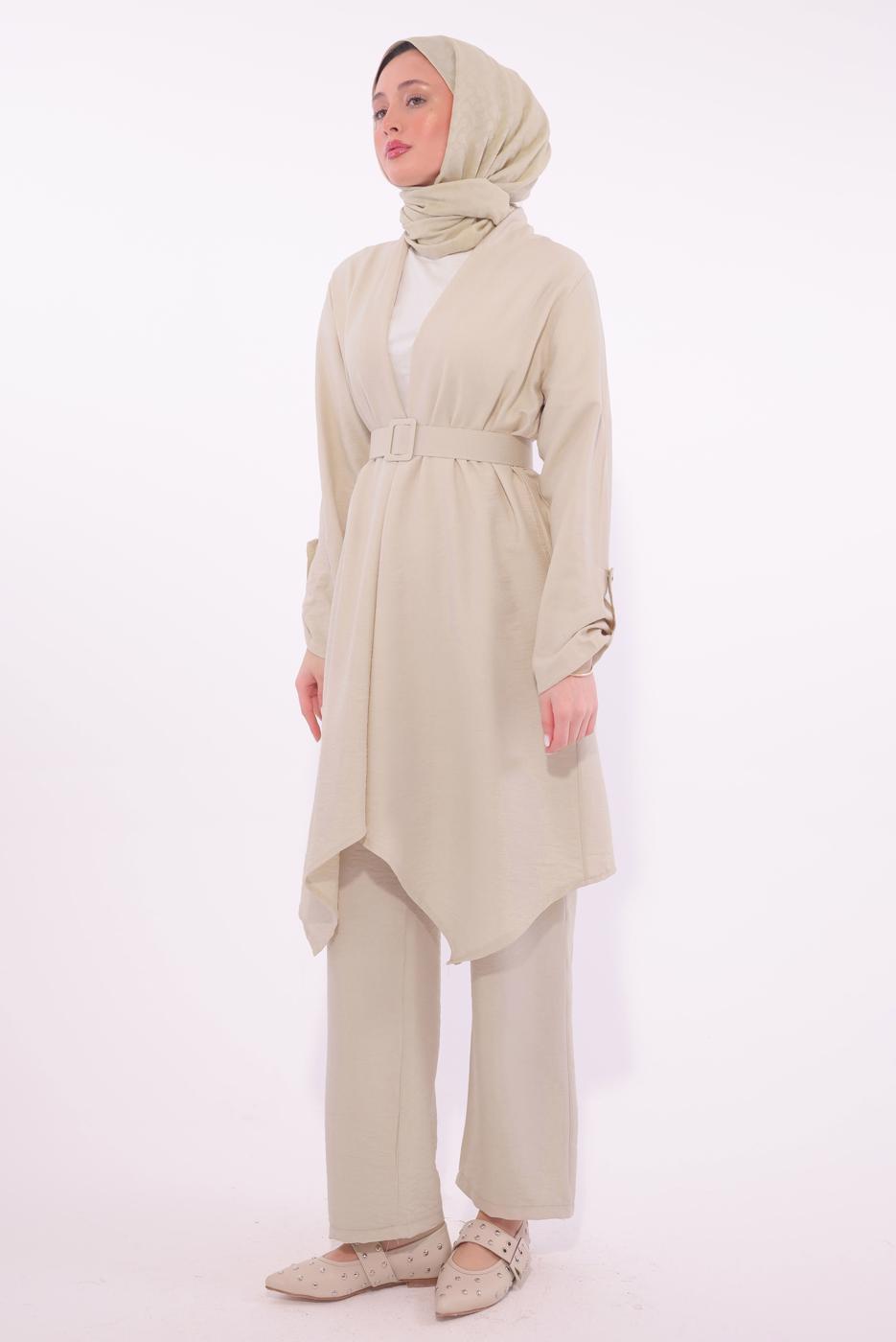 Tesettür giyim BEJ KEMERLİ PANTOLONLU TAKIM T 0274