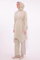 Tesettür giyim BEJ KEMERLİ PANTOLONLU TAKIM T 0274