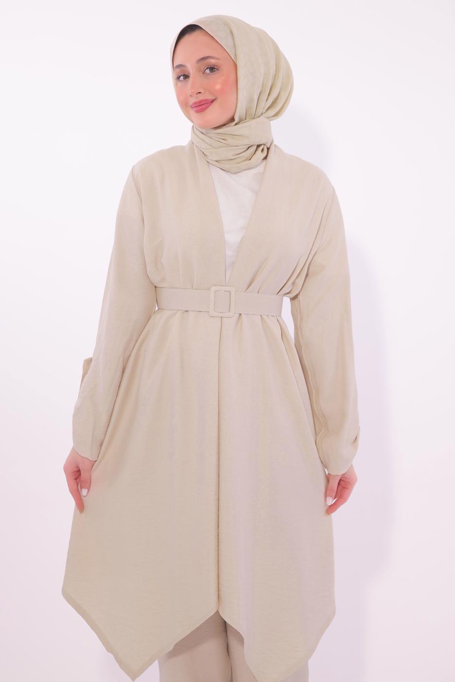 Tesettür giyim BEJ KEMERLİ PANTOLONLU TAKIM T 0274