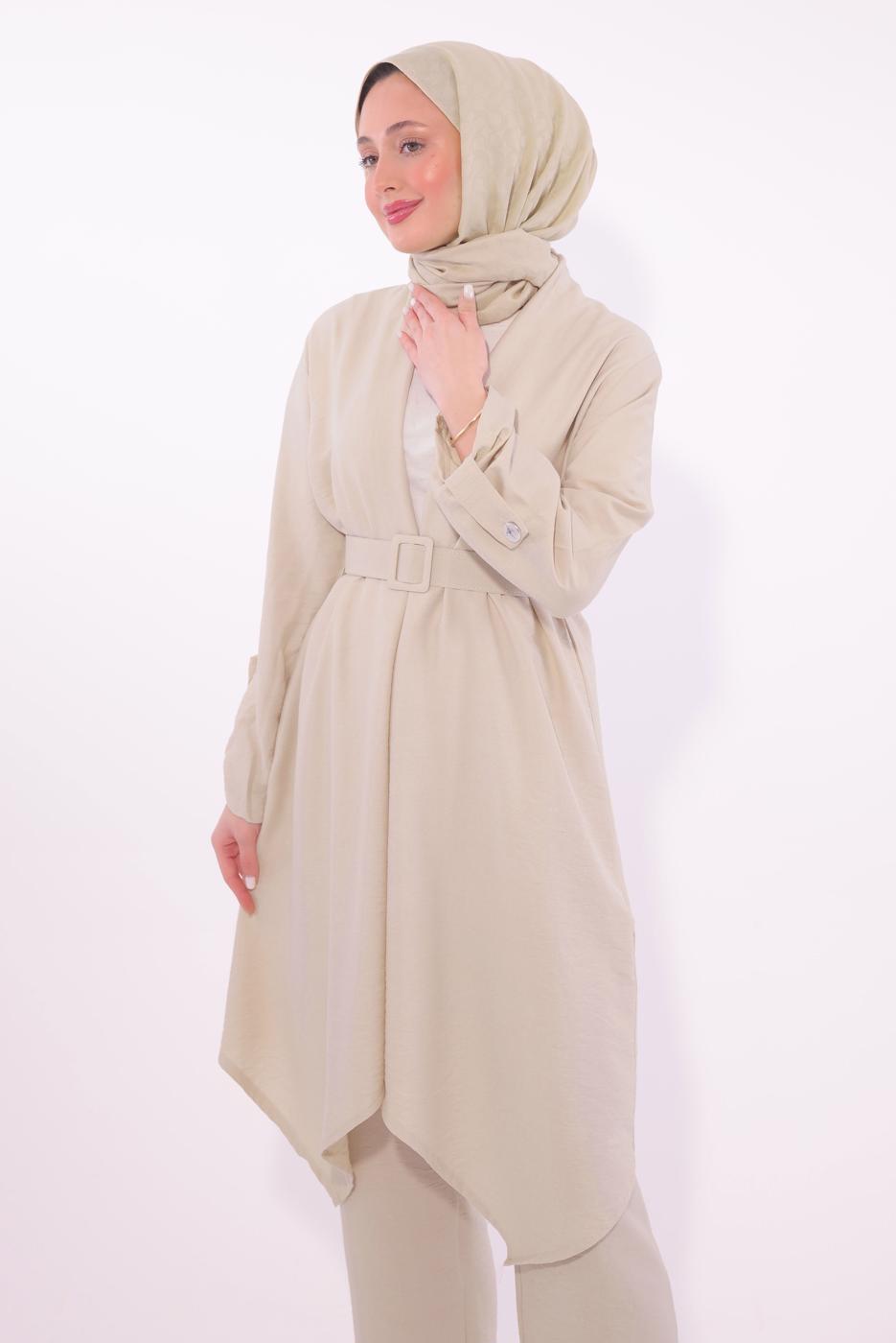 Tesettür giyim BEJ KEMERLİ PANTOLONLU TAKIM T 0274