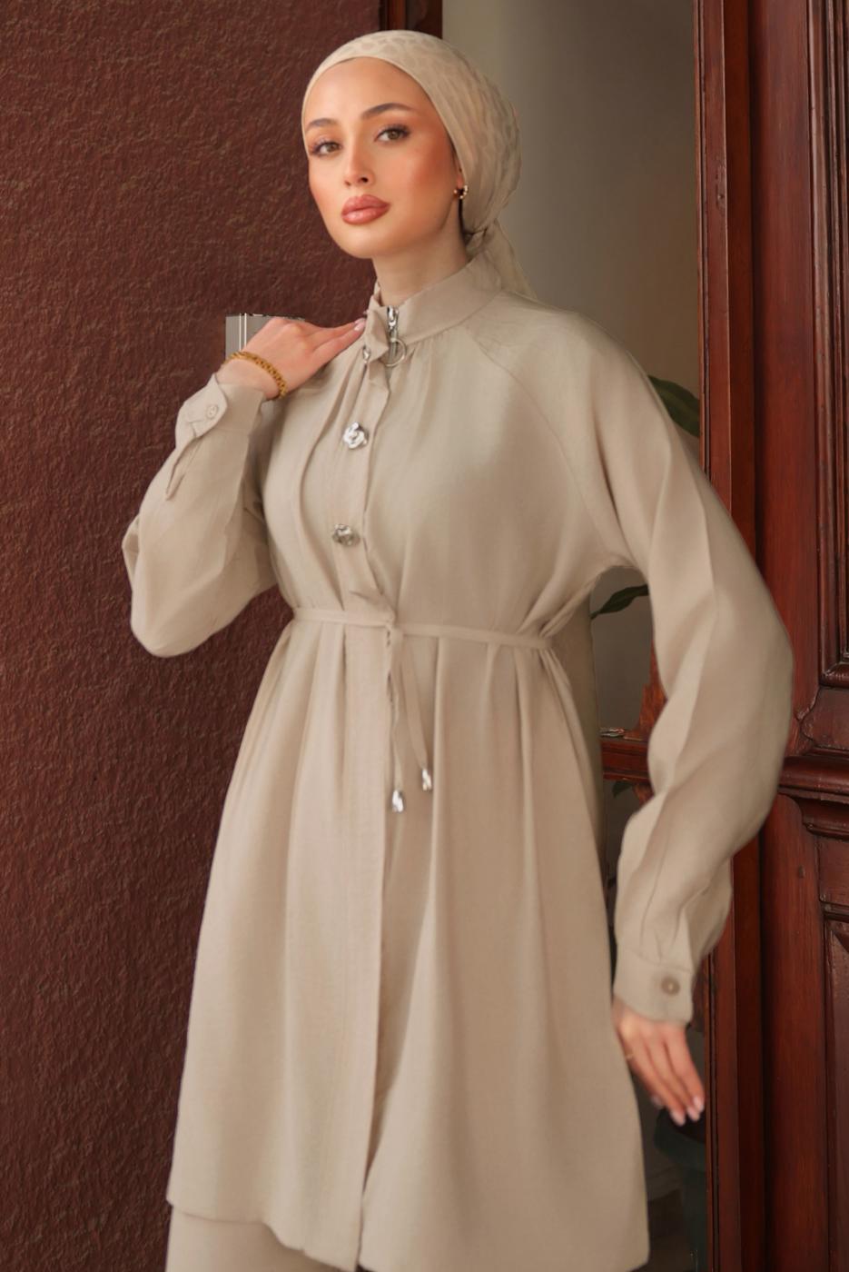 Hijab clothing BEIGE TIED WAIST PANTS SUIT T 0294
