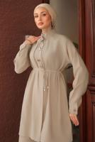 Hijab clothing BEIGE TIED WAIST PANTS SUIT T 0294