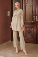 Hijab clothing BEIGE TIED WAIST PANTS SUIT T 0294