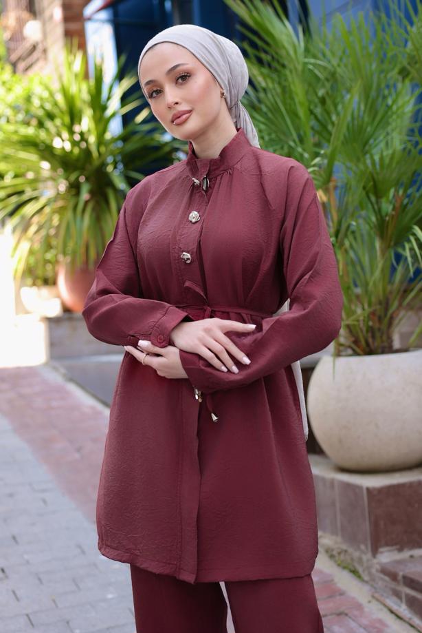 Vêtements hijab ROUGE BORDEAUX COSTUME PANTALON À TAILLE NOUÉE T 0294 - TRENDTESETTÜR
