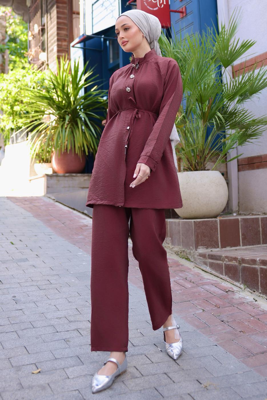 Hijab clothing CLARET RED TIED WAIST PANTS SUIT T 0294