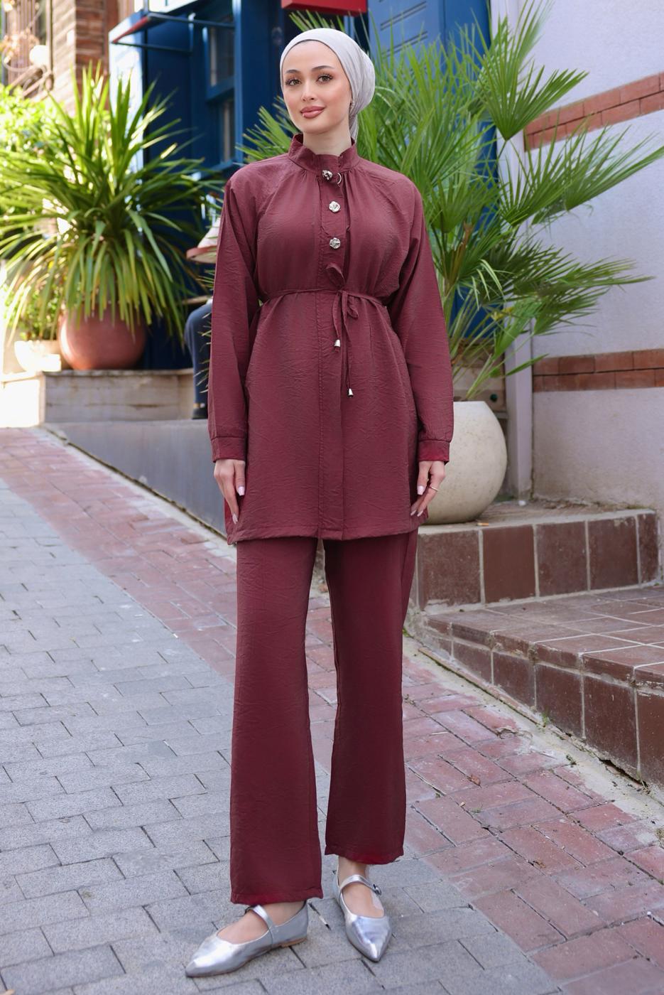 Hijab clothing CLARET RED TIED WAIST PANTS SUIT T 0294