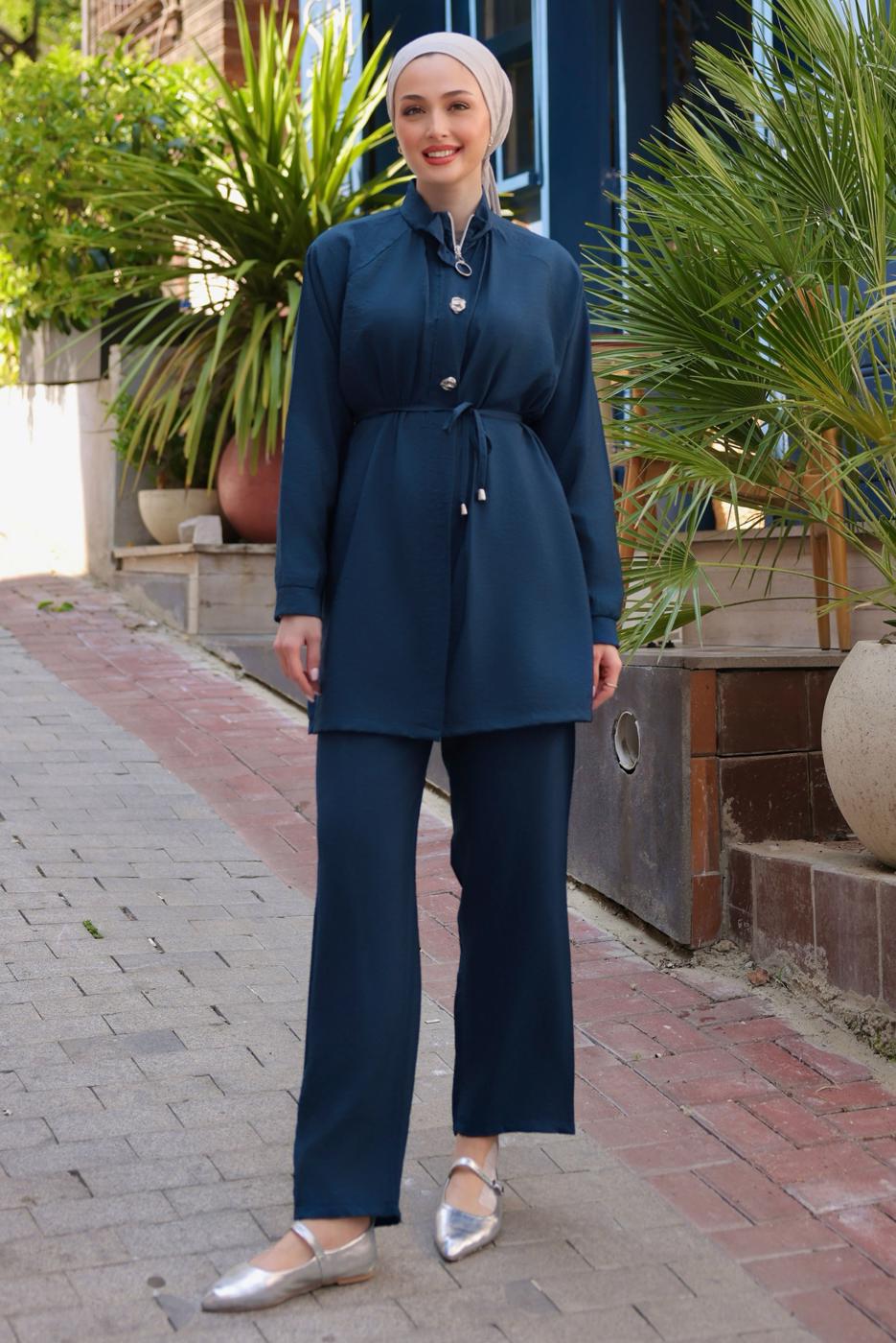 Hijab clothing NAVY BLUE TIED WAIST PANTS SUIT T 0294
