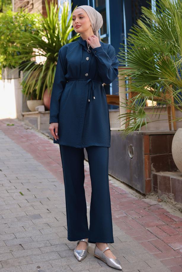 Vêtements hijab BLEU MARINE COSTUME PANTALON À TAILLE NOUÉE T 0294 - TRENDTESETTÜR