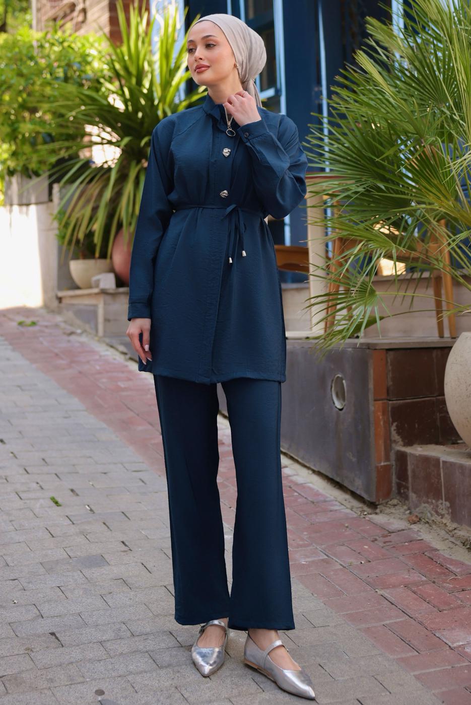 Hijab clothing NAVY BLUE TIED WAIST PANTS SUIT T 0294