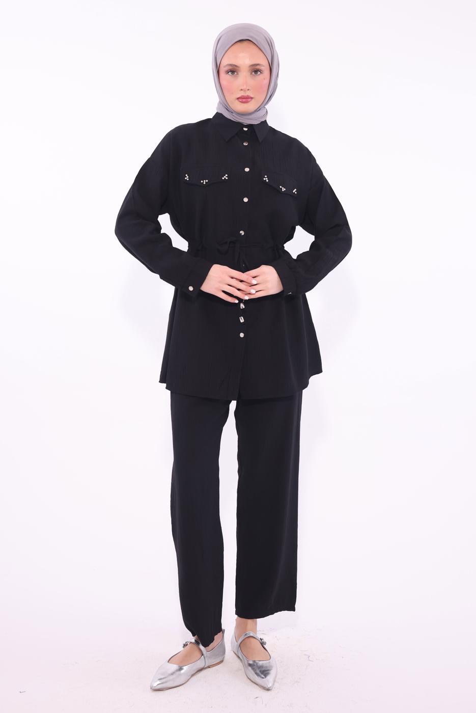 Tesettür giyim SİYAH GÖMLEK YAKA PANTOLONLU TAKIM T 0374 