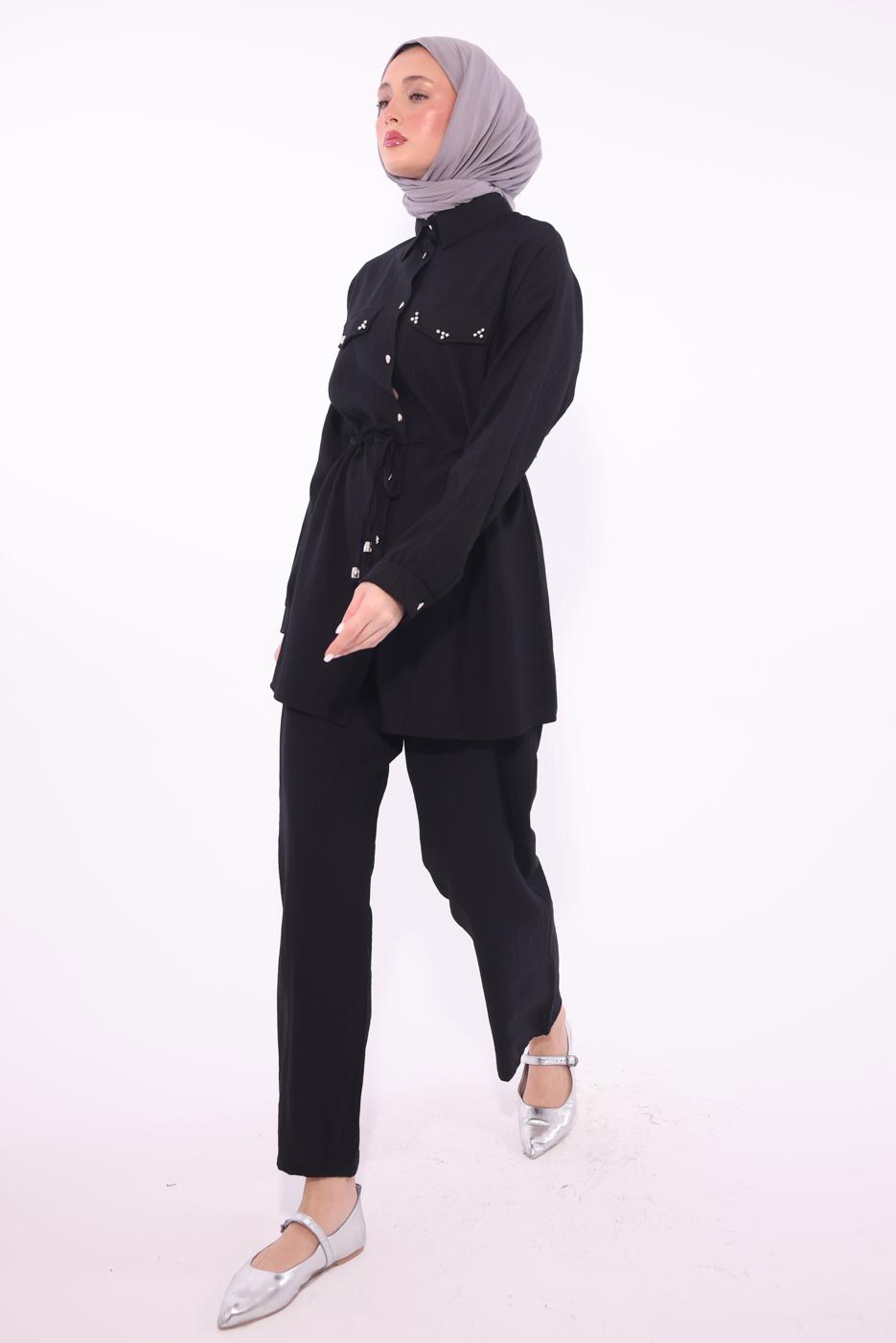 Tesettür giyim SİYAH GÖMLEK YAKA PANTOLONLU TAKIM T 0374 
