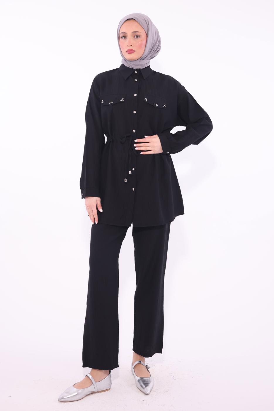 Tesettür giyim SİYAH GÖMLEK YAKA PANTOLONLU TAKIM T 0374 
