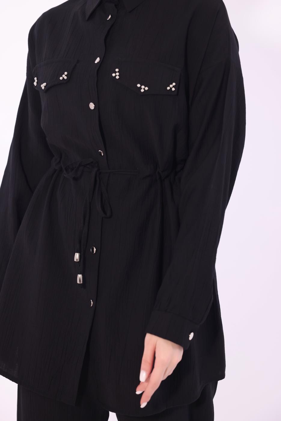 Tesettür giyim SİYAH GÖMLEK YAKA PANTOLONLU TAKIM T 0374 