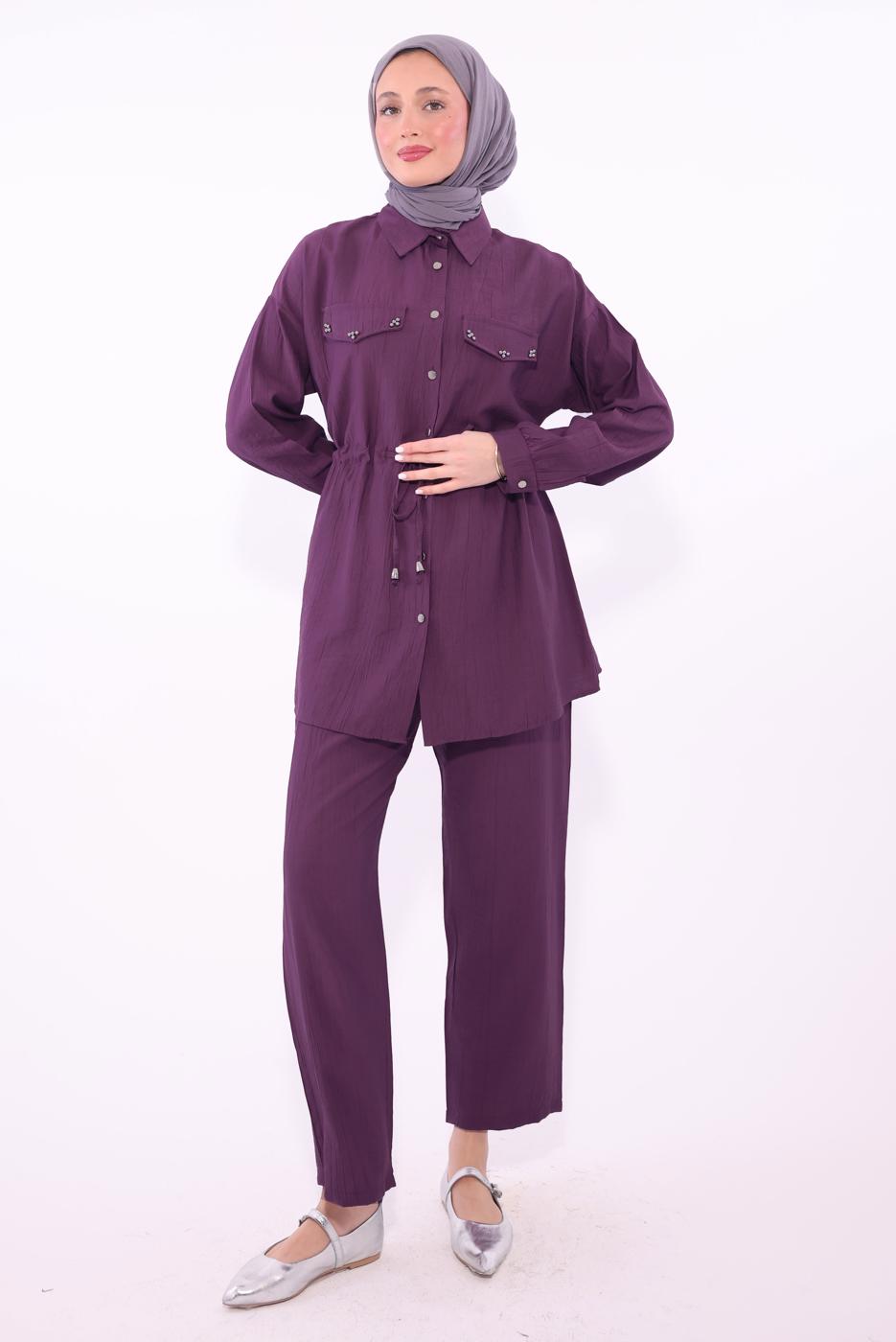 Tesettür giyim MOR GÖMLEK YAKA PANTOLONLU TAKIM T 0374 
