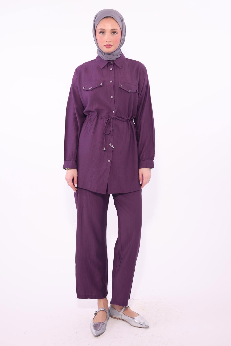 Tesettür giyim MOR GÖMLEK YAKA PANTOLONLU TAKIM T 0374 