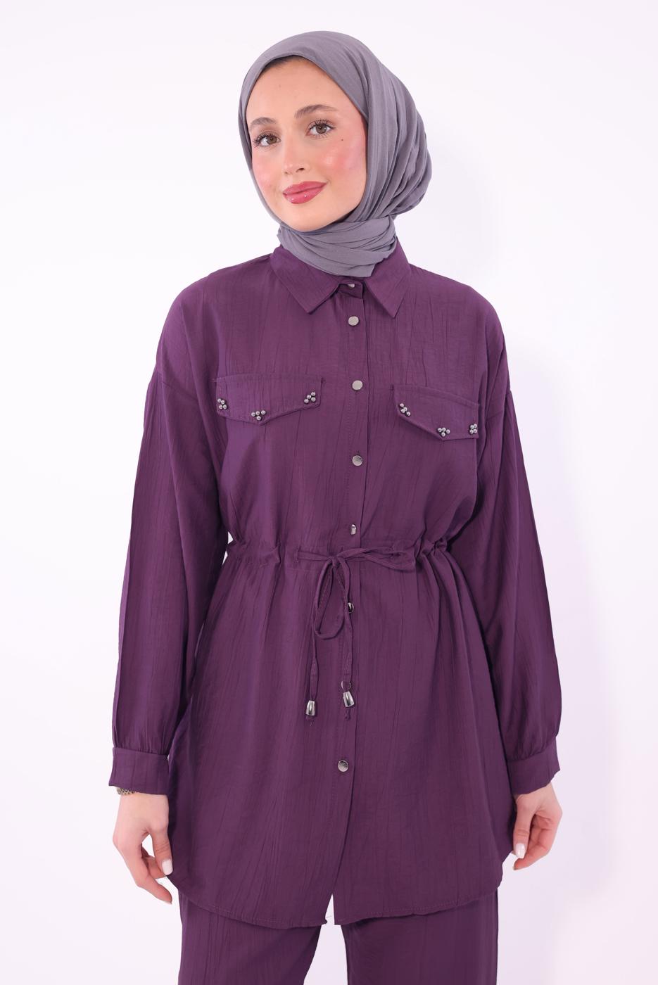 Tesettür giyim MOR GÖMLEK YAKA PANTOLONLU TAKIM T 0374 