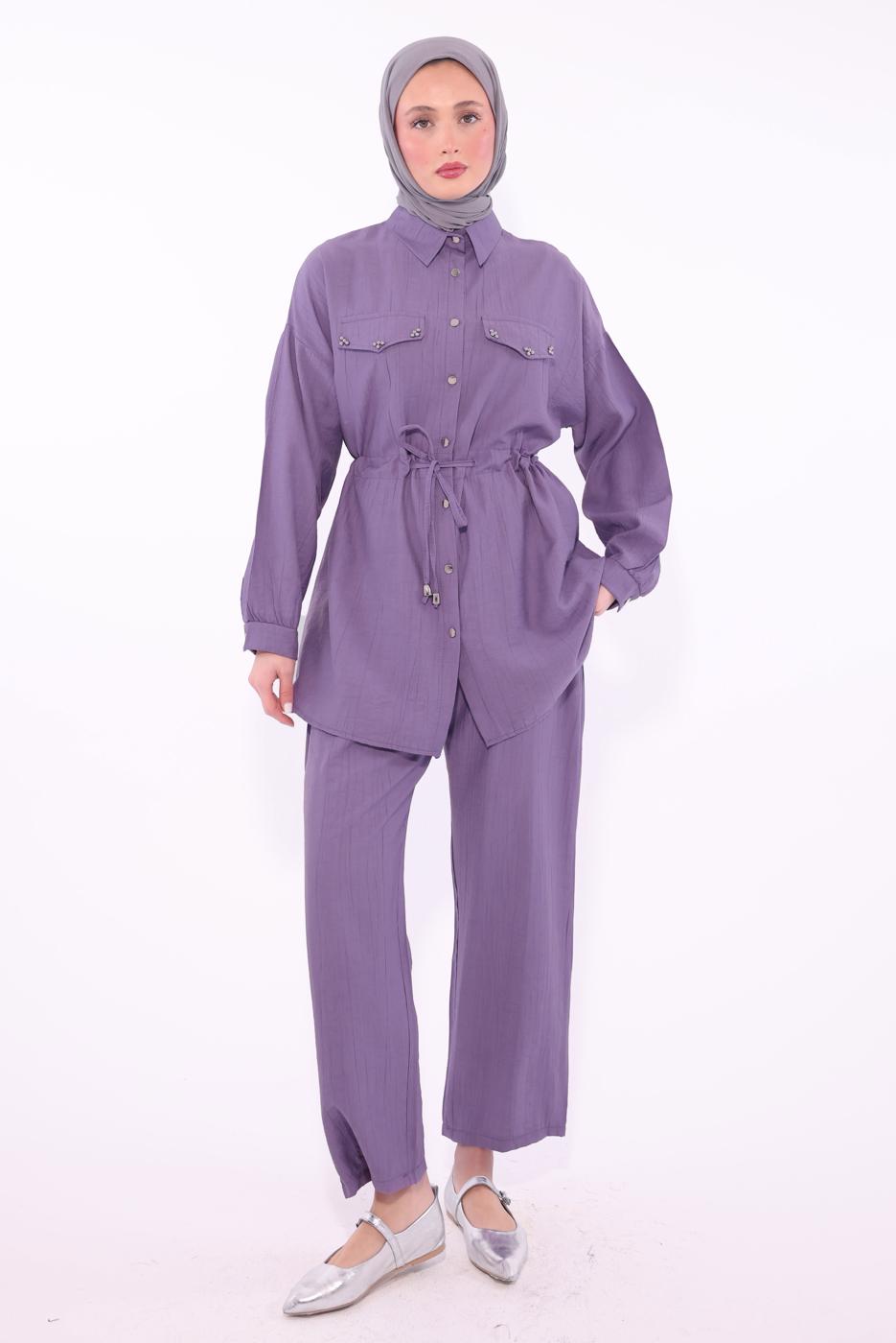 Tesettür giyim MOR GÖMLEK YAKA PANTOLONLU TAKIM T 0374 