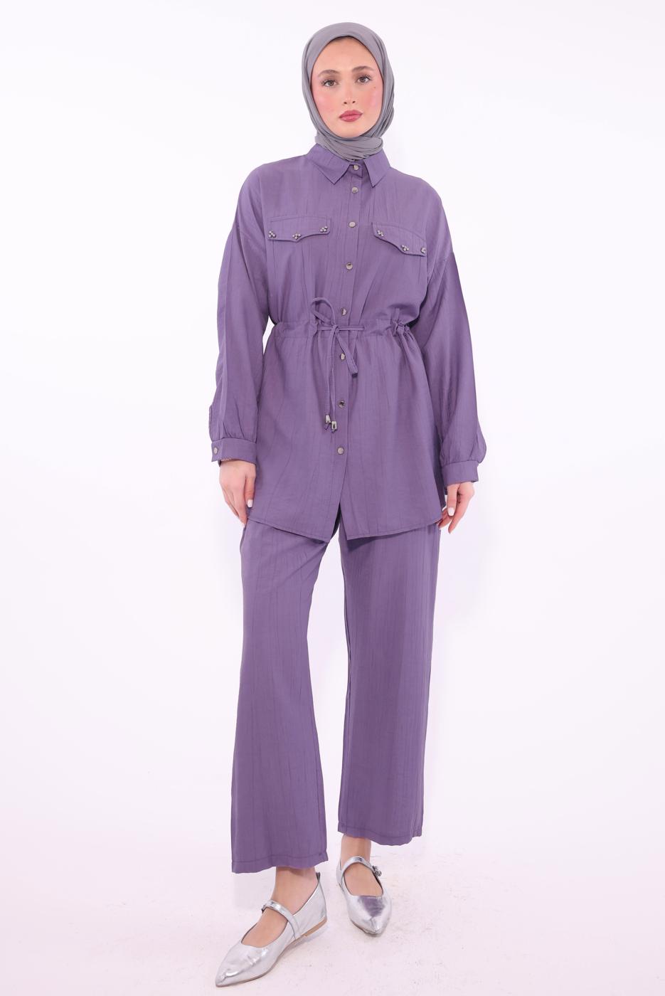 Tesettür giyim MOR GÖMLEK YAKA PANTOLONLU TAKIM T 0374 