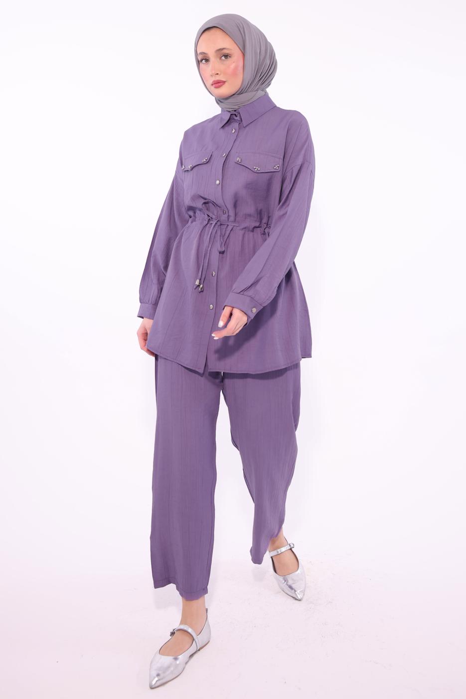 Tesettür giyim MOR GÖMLEK YAKA PANTOLONLU TAKIM T 0374 