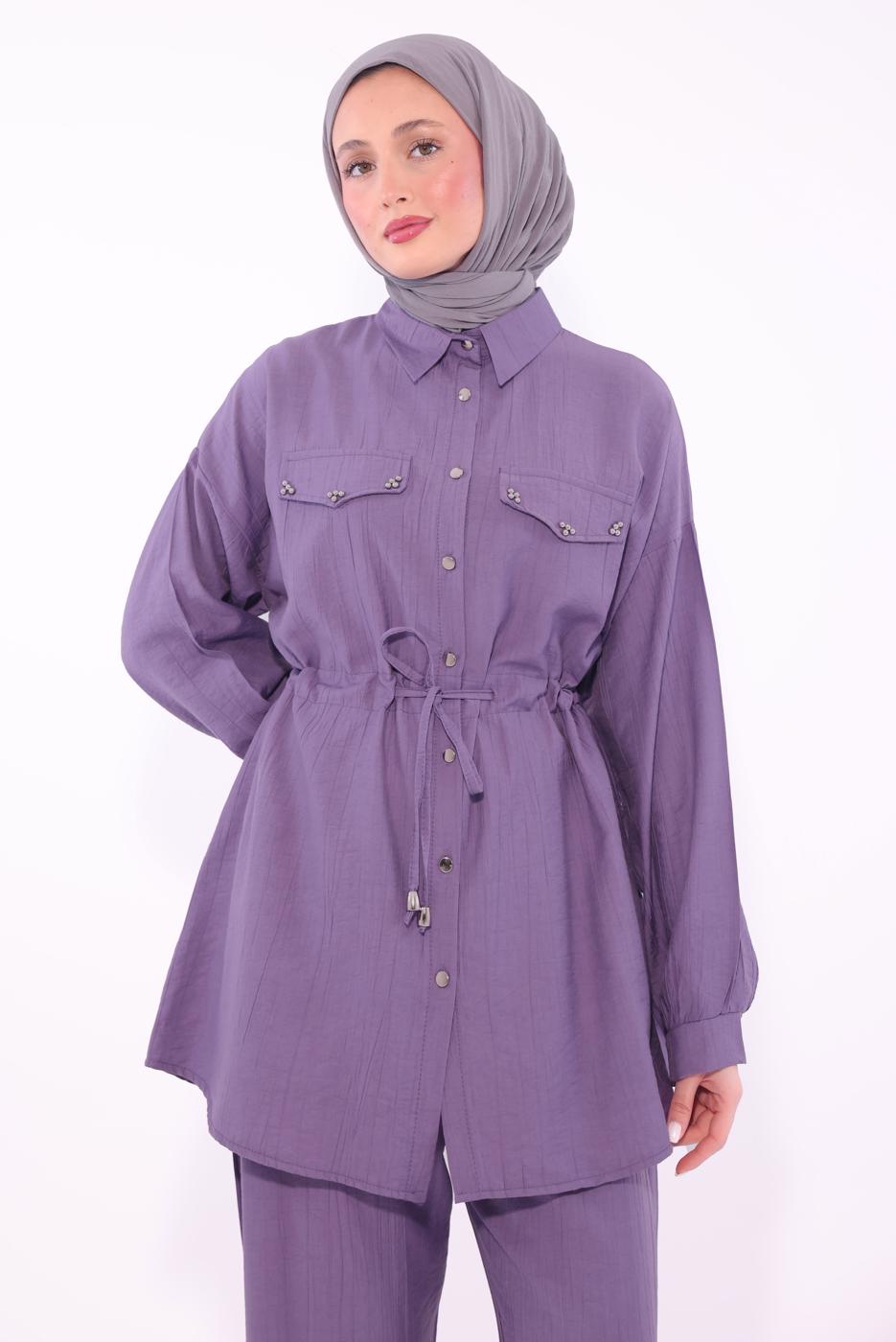 Tesettür giyim MOR GÖMLEK YAKA PANTOLONLU TAKIM T 0374 