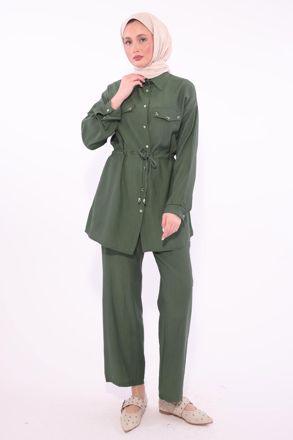 Tesettür giyim HAKİ GÖMLEK YAKA PANTOLONLU TAKIM T 0374 