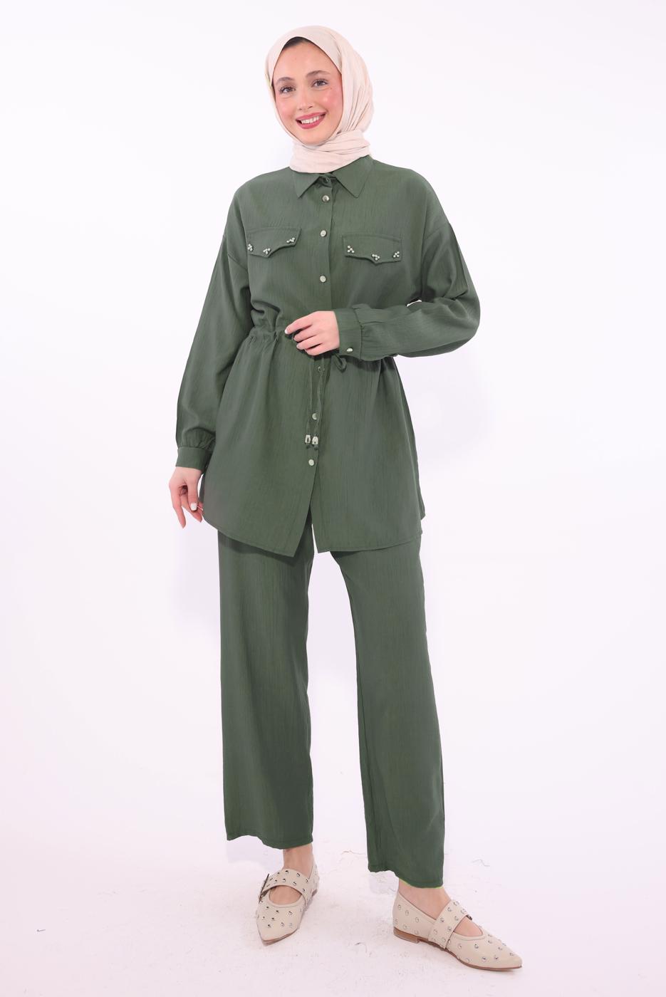 Tesettür giyim HAKİ GÖMLEK YAKA PANTOLONLU TAKIM T 0374 