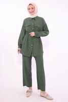 Tesettür giyim HAKİ GÖMLEK YAKA PANTOLONLU TAKIM T 0374 